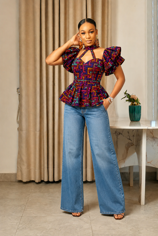 SONIA AFRICAN PRINT PEPLUM TOP