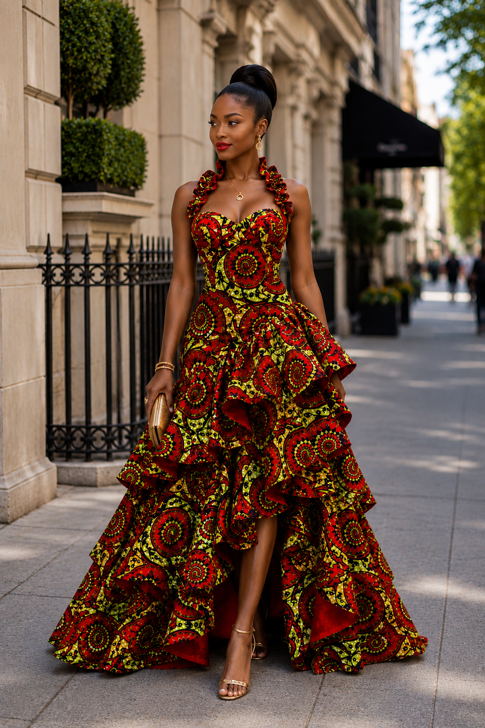 TEMILADE AFRICAN PRINT HIGH-LOW RUFFLE DRESS