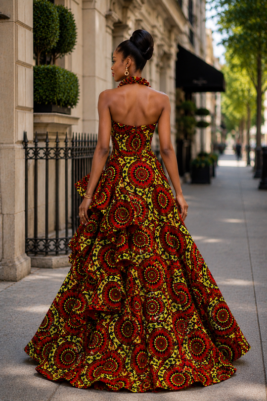 TEMILADE AFRICAN PRINT HIGH-LOW RUFFLE DRESS