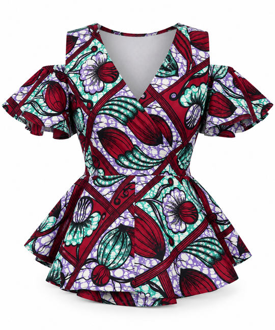 ANJOLA AFRICAN PRINT COLD SHOULDER WRAP TOP