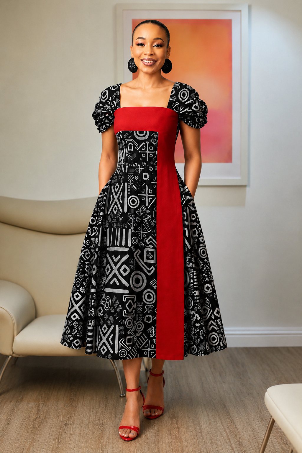 CHIZI AFRICAN PRINT MIDI DRESS-B/W
