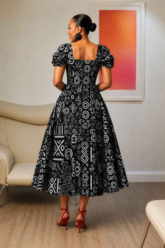 CHIZI AFRICAN PRINT MIDI DRESS-B/W