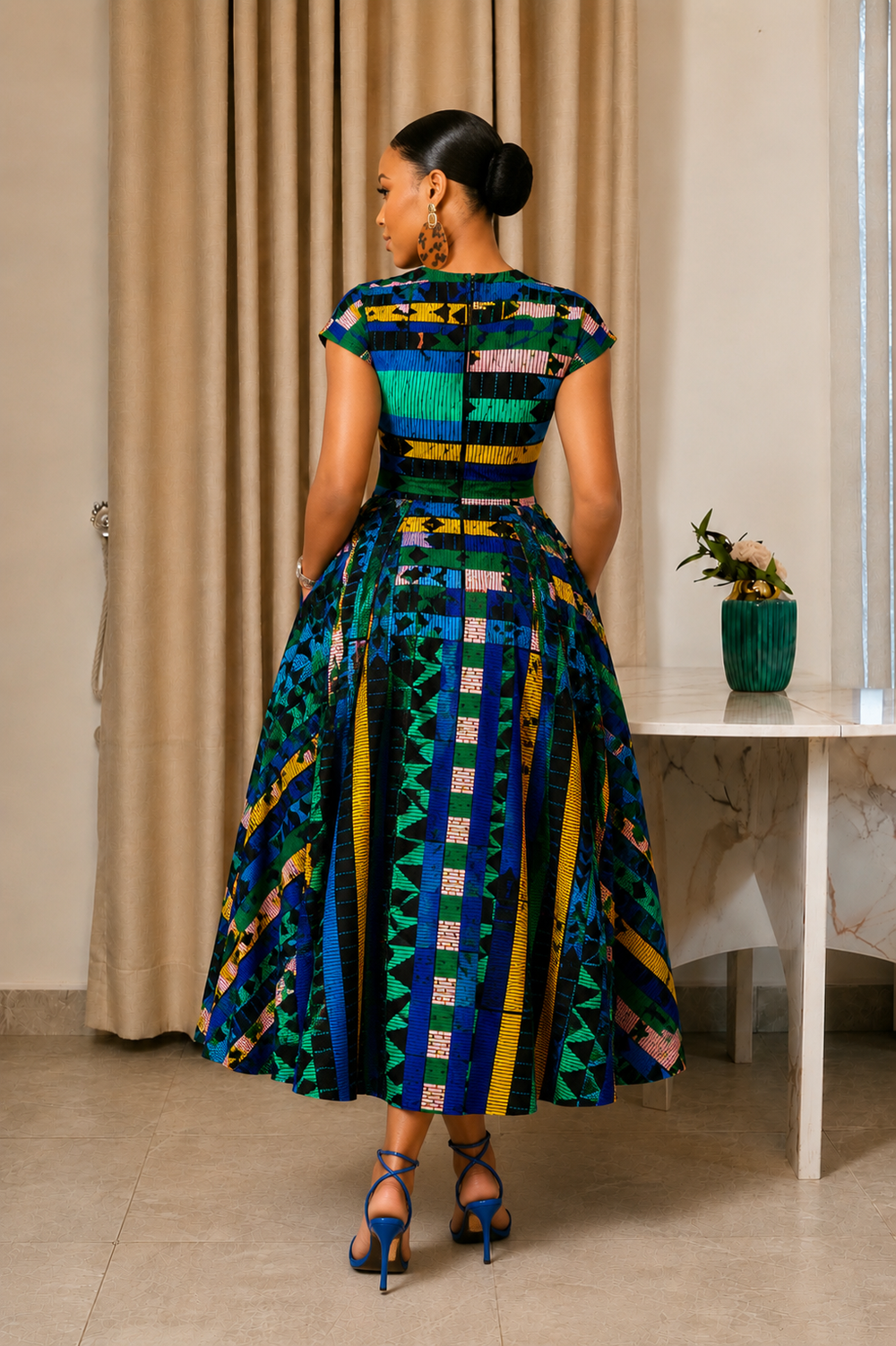 AYANA AFRICAN PRINT MIDI DRESS - BLUE