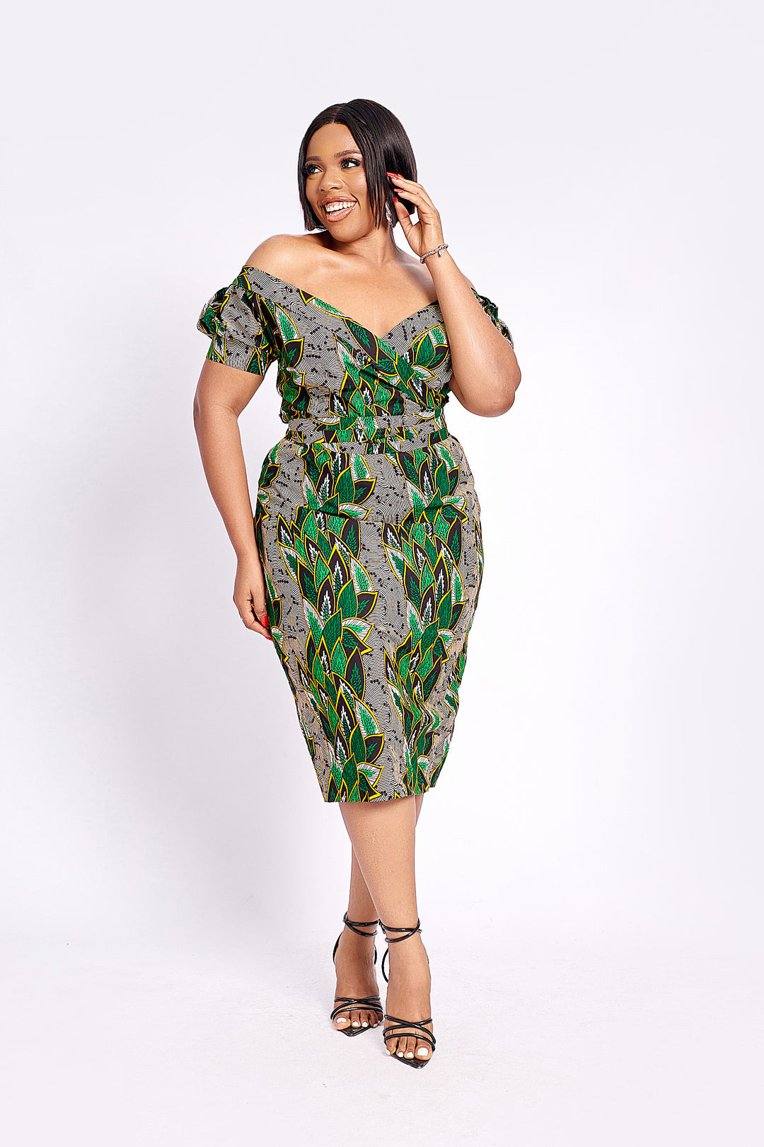 African Print off shoulder Midi Dress