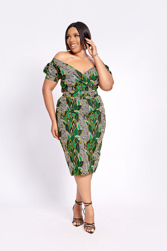 African Print off shoulder Midi Dress