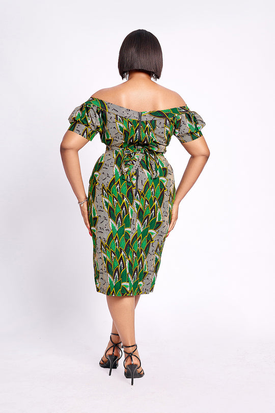African Print off shoulder Midi Dress