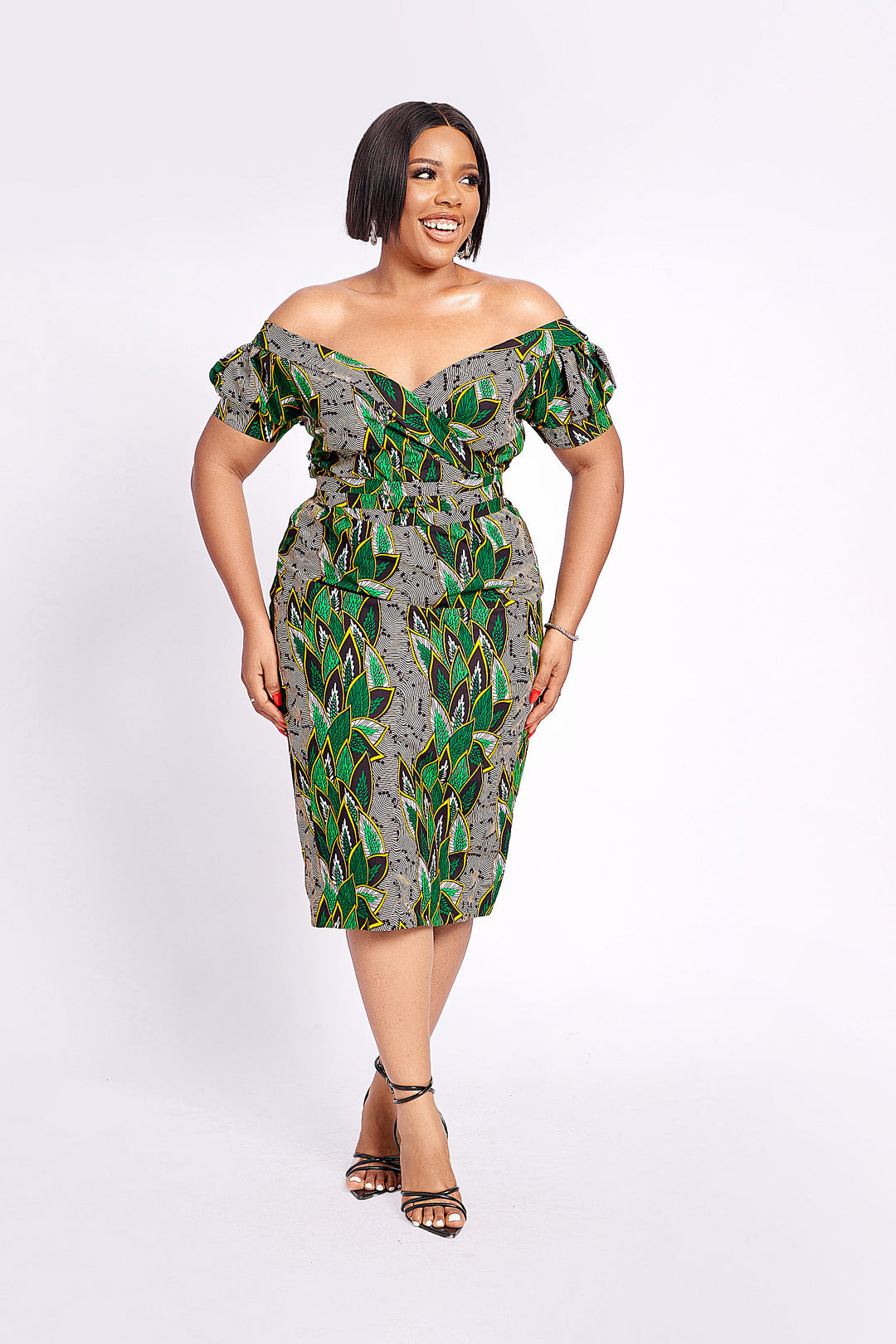 African Print off shoulder Midi Dress