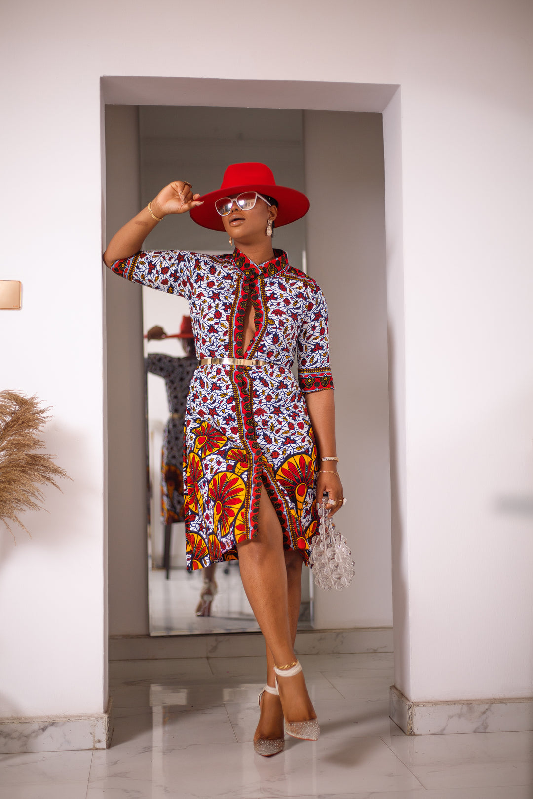 African Print Amina Midi Dress (Red)